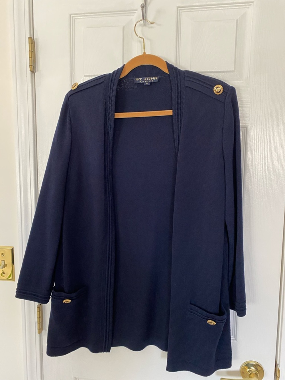 St. John Navy Open Front Knit Blazer with Gold Buttons